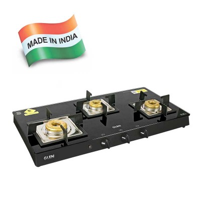 Glen 3 Burner Glass Black Cooktop 1038 SQ BL Forged Brass Burners Auto Ignition